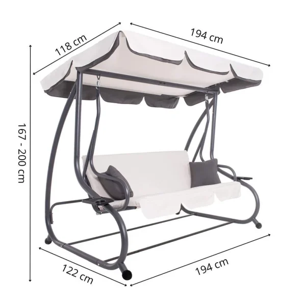 Balansoar gradina, Springos, 3 locuri, ecru si gri, 194x122x167-200 cm, functie pat, max 280 kg, Venetia