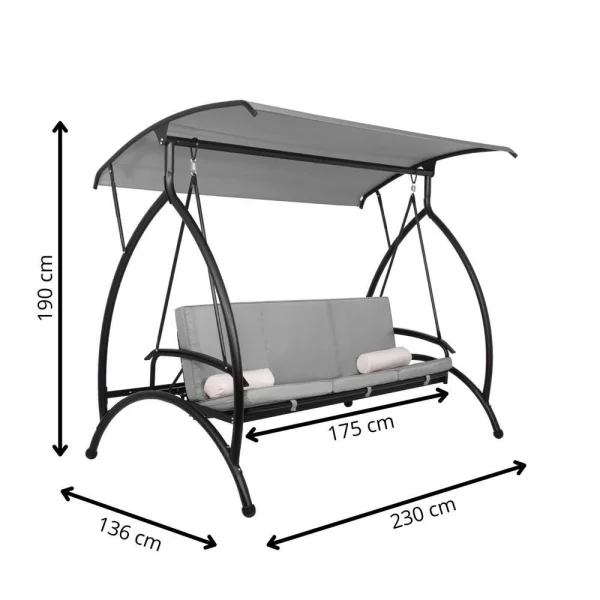 Balansoar gradina, Springos, 3 locuri, gri, 230x136x190 cm, functie pat, max 330 kg, Joko