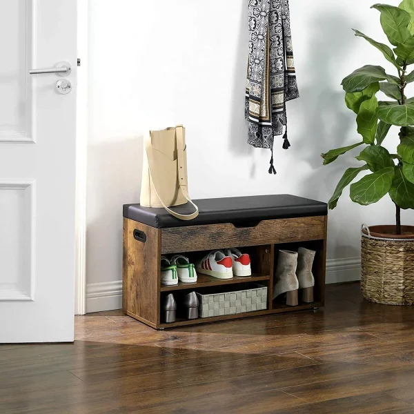 Banca depozitare incaltaminte, pantofar pentru hol, Artool, pal, 3 rafturi, maro rustic inchis, 80x30x44 cm