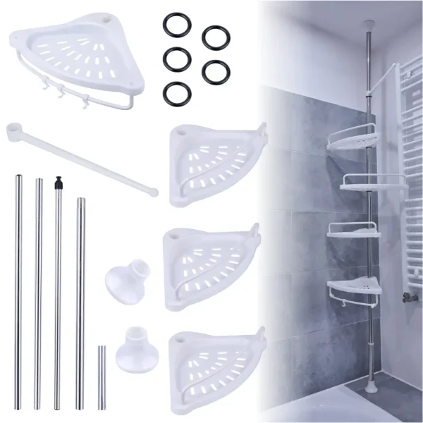 Organizator baie, raft de baie de tip "coltar" cu brat telescopic, cu 4 etajere si suport pentru prosop