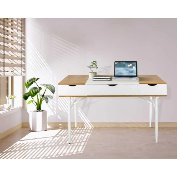 Birou calculator, Jumi, placa MDF, otel, cu sertar, compartimente interioare, alb si natur, 120x60x77 cm