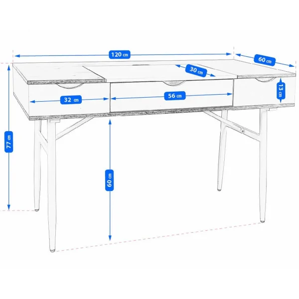 Birou calculator, Jumi, placa MDF, otel, cu sertar, compartimente interioare, alb si natur, 120x60x77 cm