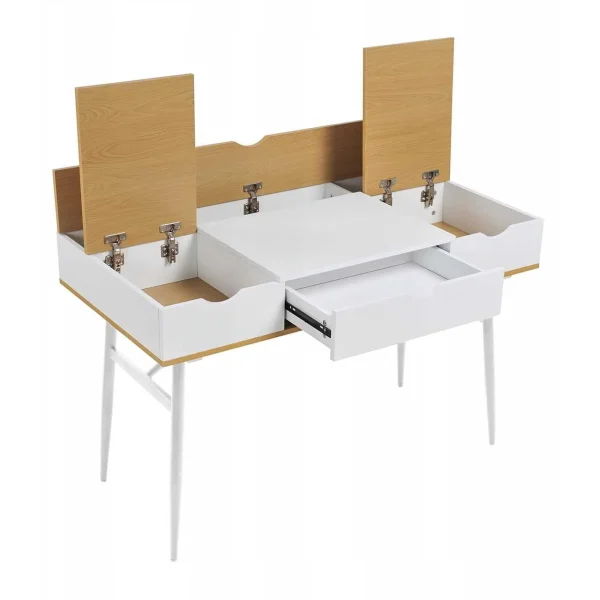 Birou calculator, Jumi, placa MDF, otel, cu sertar, compartimente interioare, alb si natur, 120x60x77 cm