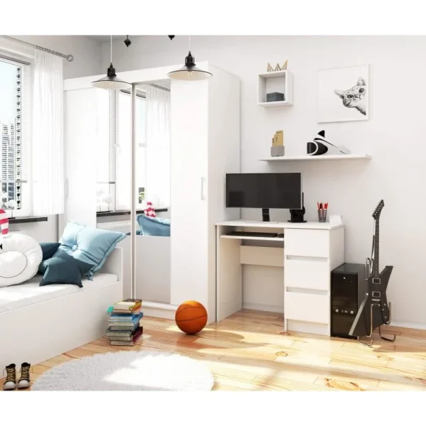 Birou calculator, placa laminata, 3 sertare, dreapta, 1 raft, alb, 90x50x77 cm