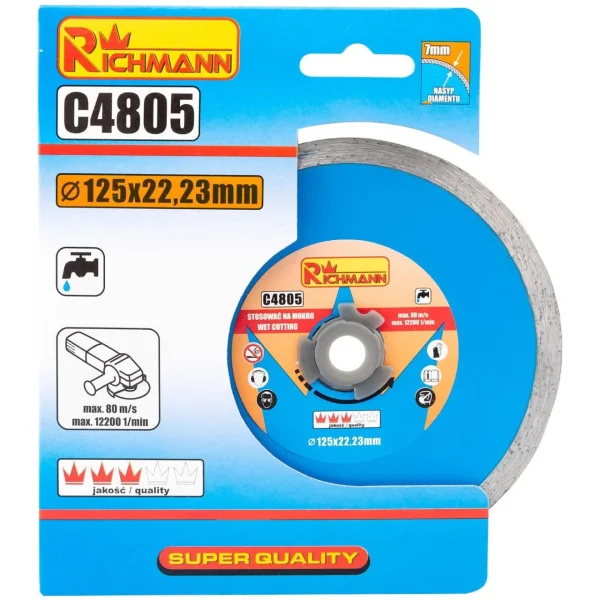 Disc diamantat continuu, placi ceramice, taiere umeda, 125 mm/22.23 mm, Richmann