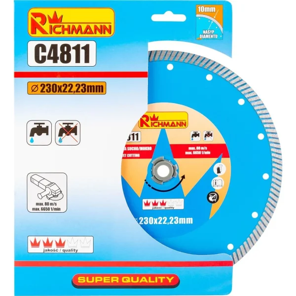Disc diamantat turbo, beton, taiere umeda si uscata, 230 mm/22.23 mm, Richmann