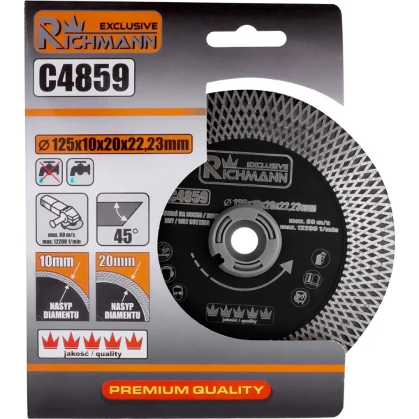 Disc diamantat turbo subtire, dublu segmentat, placi ceramice, taiere umeda si uscata, 125x10x20x22.23 mm, Richmann Exclusive