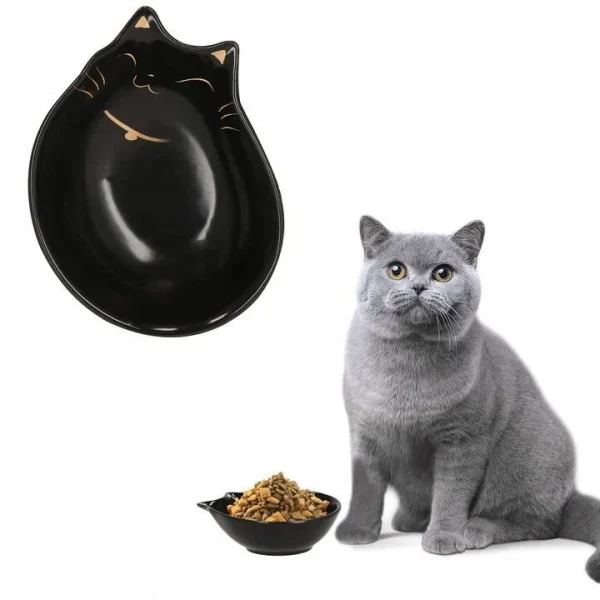 Castron, bol, pentru caine, pisica, ceramica, negru, model pisica, 15x11x5 cm