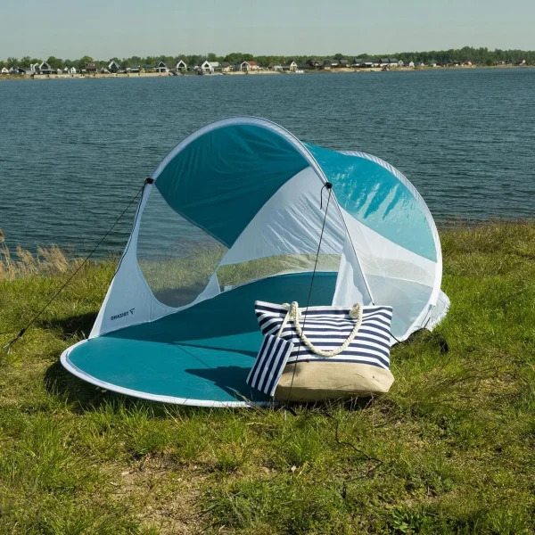 Cort plaja, Trizand, cu protectie UV, husa, albastru si alb, 190x120x90 cm