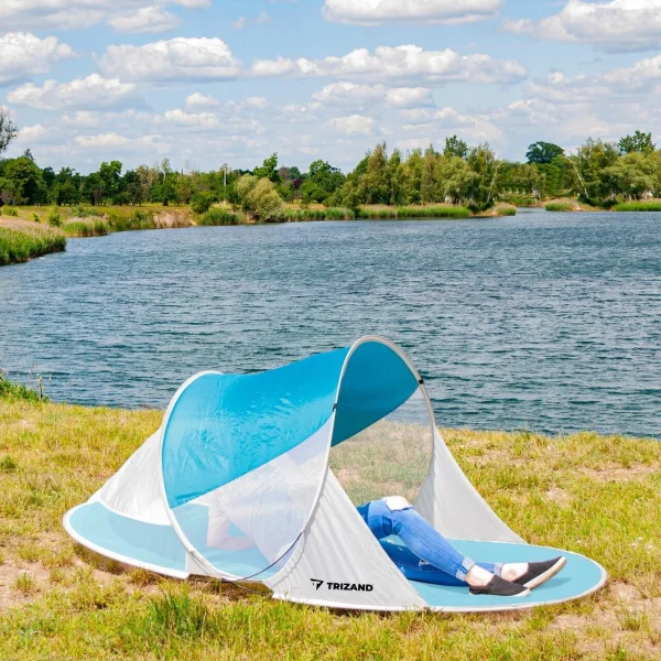Cort plaja, Trizand, cu protectie UV, husa, albastru si alb, 190x120x90 cm