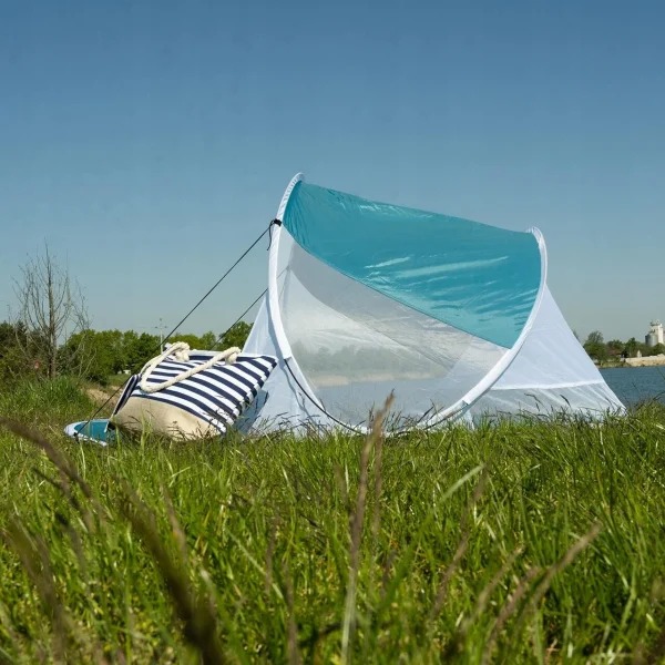 Cort plaja, Trizand, cu protectie UV, husa, albastru si alb, 190x120x90 cm