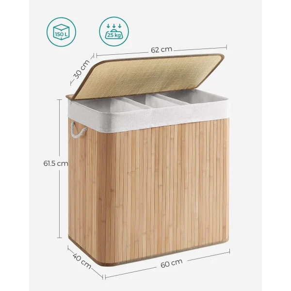Cos rufe, 3 compartimente, bambus, natur, 150 L, 60x40x61.5 cm, Artool