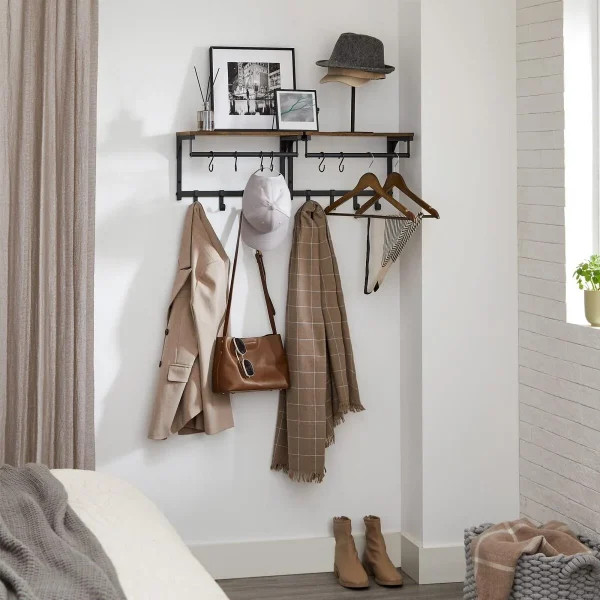 Cuier de perete cu raft, Artool, 8 carlige, otel, pal, negru si maro rustic, 40x24x24 cm