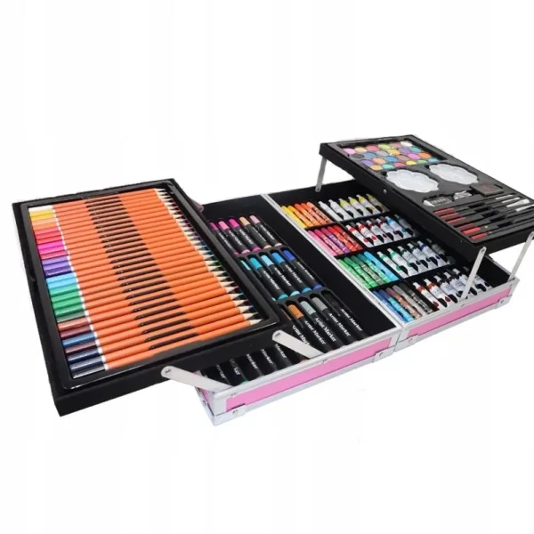 Set 145 piese pentru pictura, pentru copii sau adulti, pixuri de colorat, creioane colorate si vopsele de pictura, cu geanta de transport ROZ, model AVX-WT-BLAK