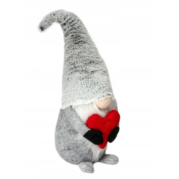 Decoratiune Craciun, pitic gri cu inima rosie, 48 cm