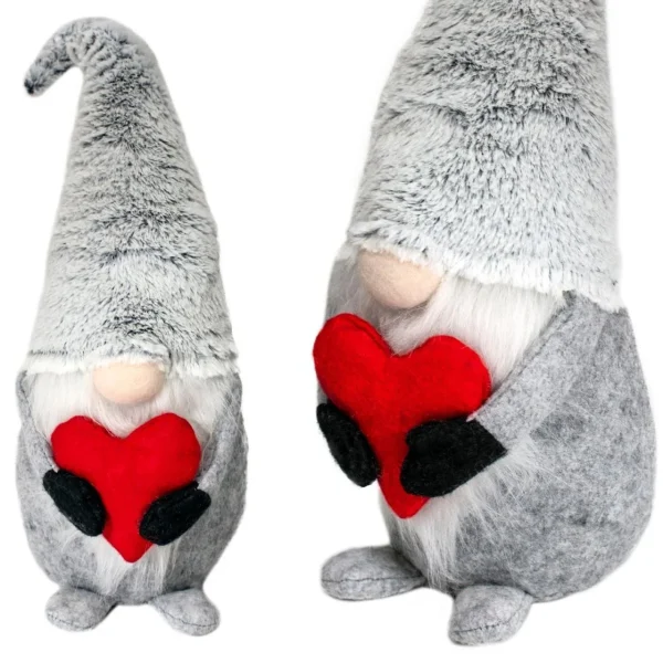 Decoratiune Craciun, pitic gri cu inima rosie, 48 cm
