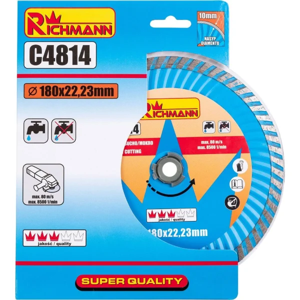Disc diamantat super turbo, beton, taiere rapida umeda si uscata, 180 mm/22.23 mm, Richmann