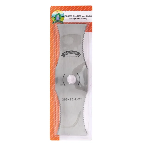 Disc zimtat pentru motocoasa/trimmer, Micul Fermier, inox, 2 dinti, 305x25.4 mm