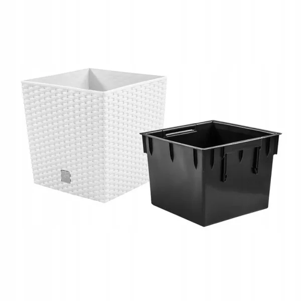Ghiveci de flori, Prosperplast, Rato Low, patrat, 6.8 L, imitatie ratan, alb, 20x20x20.2 cm