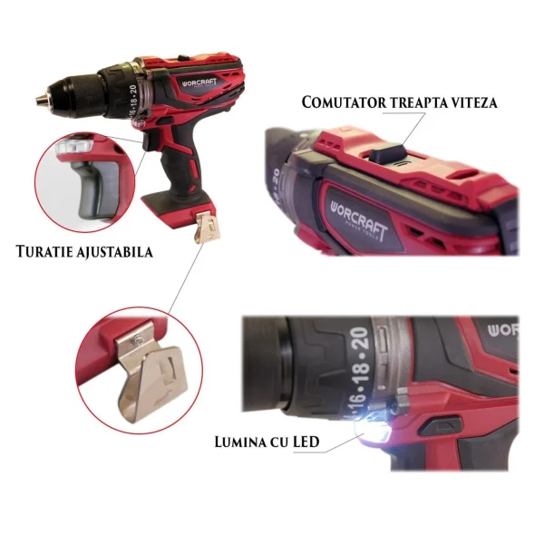 Masina de gaurit, insurubat (bormasina), cu percutie, 20V Li-ion (acumulator neinclus), mandrina automata 1.5-13 mm, Worcraft