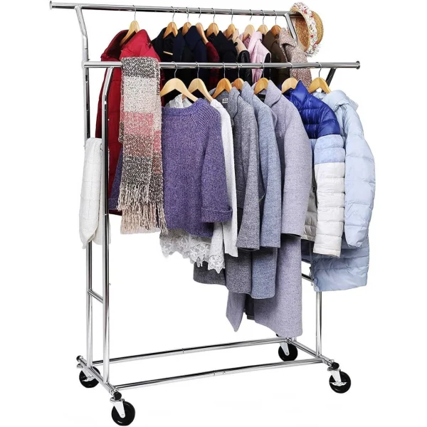 Suport mobil cu roti pentru haine, Songmics, reglabil, metal, argintiu, max 110 kg, 129x55x148 cm
