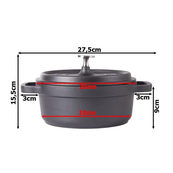 Oala de aluminiu cu capac, negru, 2.2 L, 20 cm, Verk Group