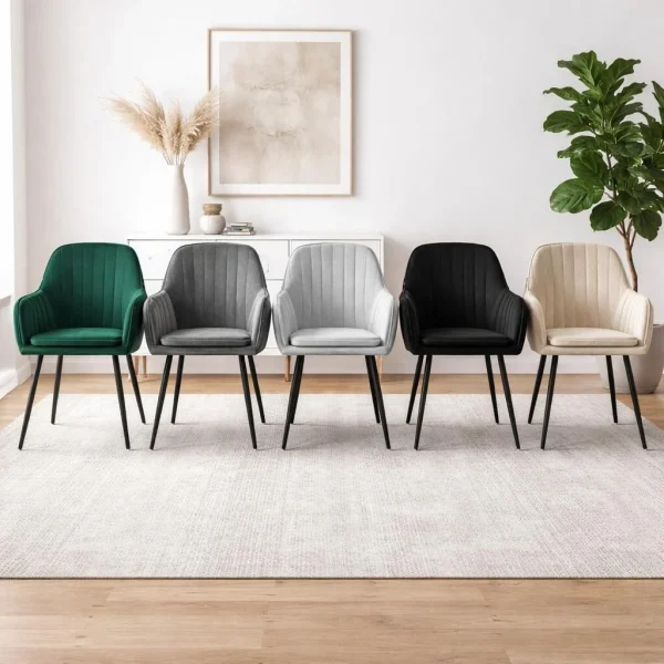 Scaun stil fotoliu bucatarie/living, Artool, Lugo, catifea argintie, picioare metal negru, 57.5x56.5x86.5 cm