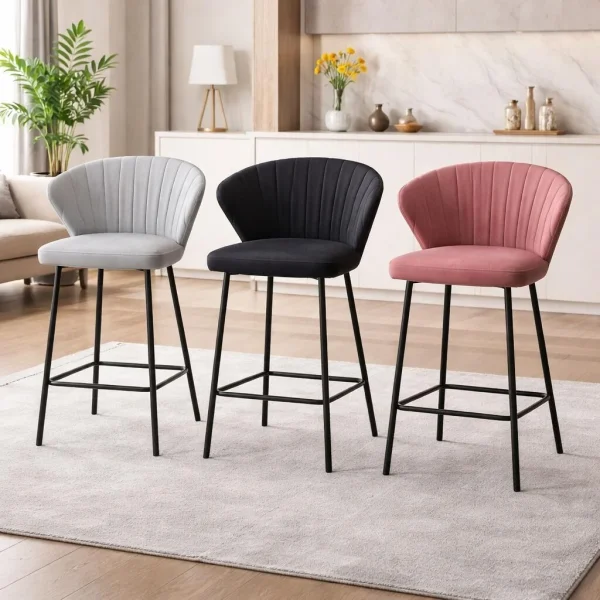 Scaun de bucatarie/bar, Artool, Gatta, catifea argintie, picioare metal negru, 43.5x36.5x90.5 cm