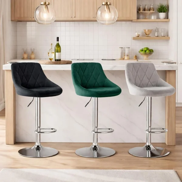 Scaun de bucatarie/bar, Artool, Kast, rotativ, catifea verde, picior metal argintiu, 45.5x49x85-105 cm