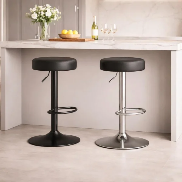 Scaun de bucatarie/bar, Artool, Rojst, rotativ, piele ecologica neagra, picior metal argintiu, 38x38x62.5-83 cm