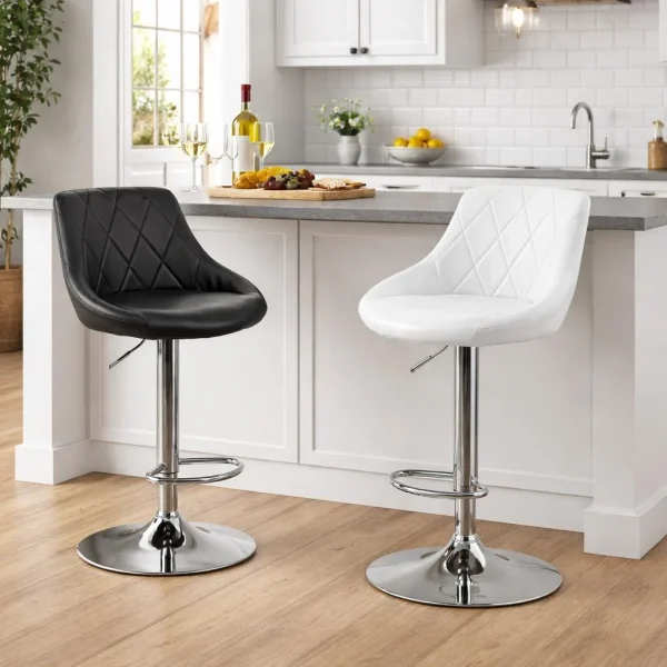 Scaun de bucatarie/bar, Artool, Kast, rotativ, piele ecologica alba, picior metal argintiu, 45.5x48.5x85-105 cm