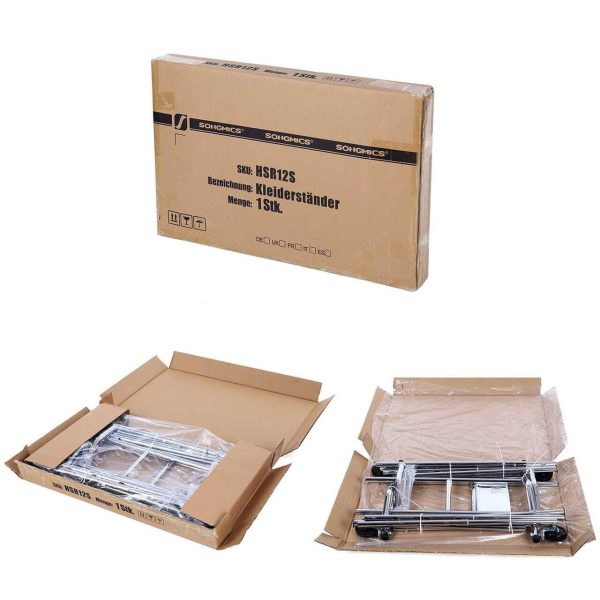 Suport mobil cu roti pentru haine, Songmics, reglabil, metal, argintiu, max 110 kg, 129x55x148 cm