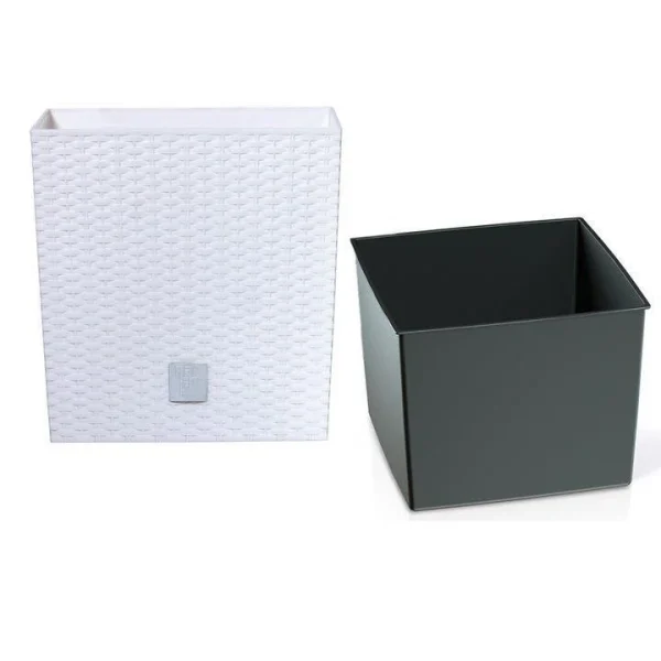Set 2 ghivece de flori, Rato Low, imitatie ratan, patrate, 40x40x40.8 cm, alb, Prosperplast
