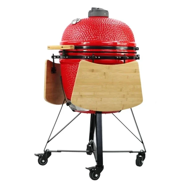 Gratar gradina cu carbuni, grill rotund, ceramic, cu roti, capac, rafturi, 128x80x120 cm, Kamado L-size