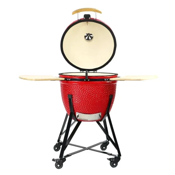 Gratar gradina cu carbuni, grill rotund, ceramic, cu roti, capac, rafturi, 128x80x120 cm, Kamado L-size