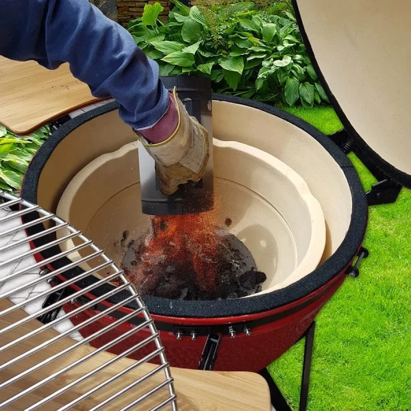 Gratar gradina cu carbuni, grill rotund, ceramic, cu roti, capac, rafturi, 128x80x120 cm, Kamado L-size