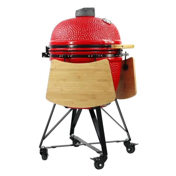 Gratar gradina cu carbuni, grill rotund, ceramic, cu roti, capac, rafturi, 128x80x120 cm, Kamado L-size