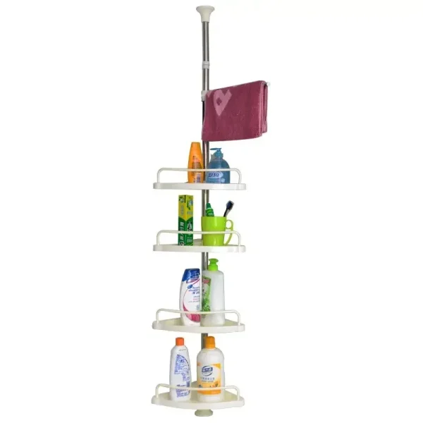 Organizator baie, raft de baie de tip "coltar" cu brat telescopic, cu 4 etajere si suport pentru prosop