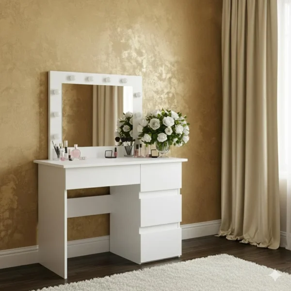 Masa de toaleta/machiaj, alba, cu oglinda si LED-uri, Nadia, 94x43x141 cm