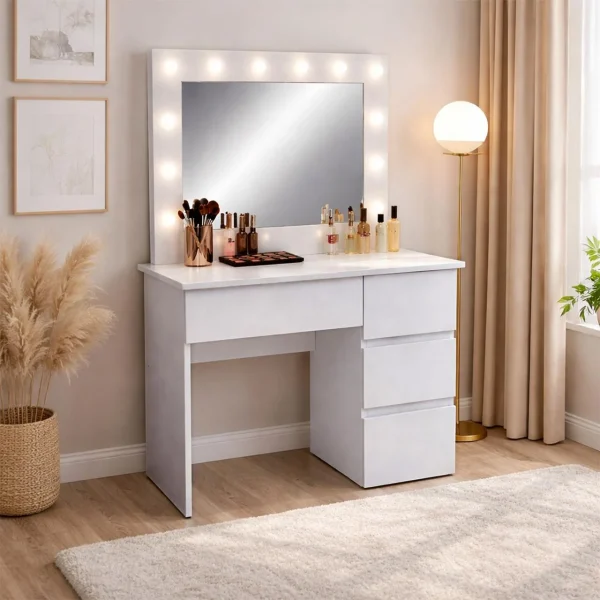 Masa de toaleta/machiaj, Irina, gri deschis, cu oglinda si LED-uri, 94x43x141 cm