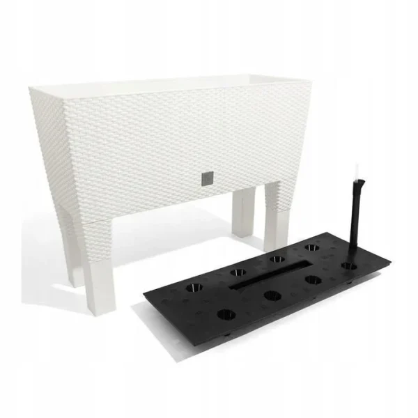 Jardiniera decorativa, cu picioare, sistem irigare, imitatie ratan, alb, 30 L, 60x25x46 cm, Rato Case High