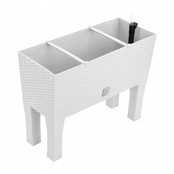 Jardiniera decorativa, cu picioare, sistem irigare, imitatie ratan, alb, 30 L, 60x25x46 cm, Rato Case High