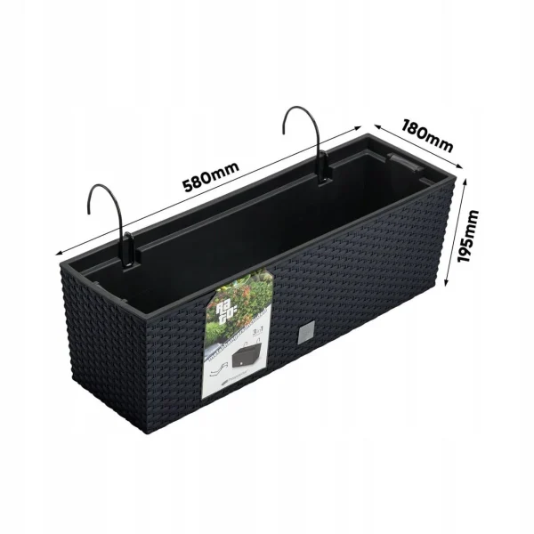 Jardiniera decorativa, suport metalic, imitatie ratan, antracit, 58x18x19.5 cm, Rato Case W
