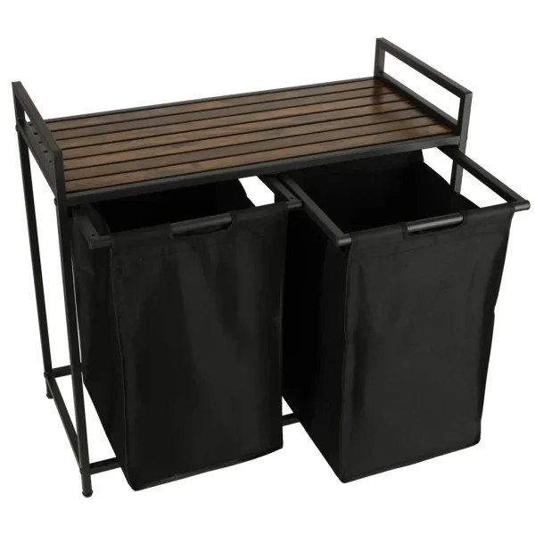 Cos mare de rufe cu doua compartimente, cu raft si blat din lemn, model LOFT, culoare neagra