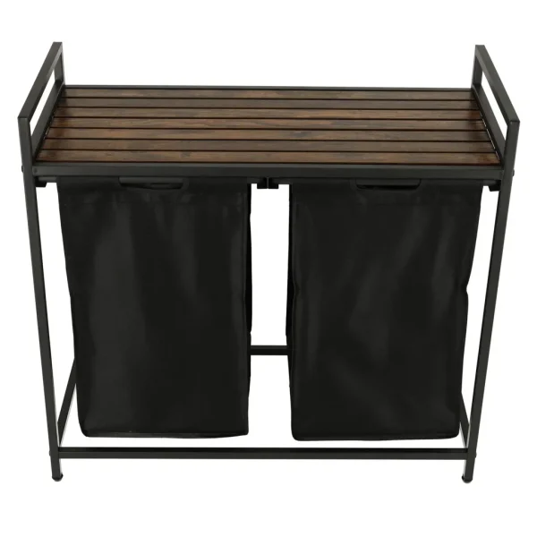 Cos mare de rufe cu doua compartimente, cu raft si blat din lemn, model LOFT, culoare neagra