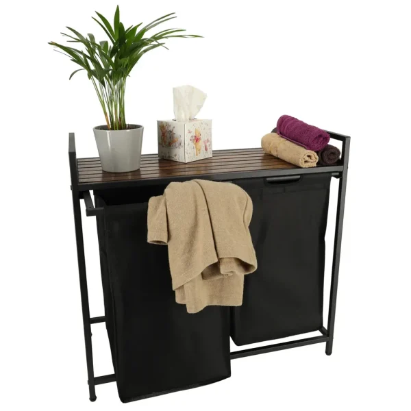 Cos mare de rufe cu doua compartimente, cu raft si blat din lemn, model LOFT, culoare neagra