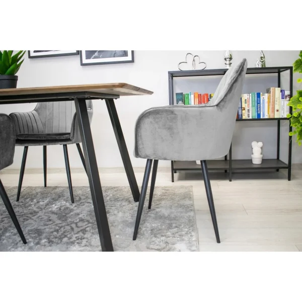 Scaun stil fotoliu bucatarie/living, Artool, Lugo, catifea argintie, picioare metal negru, 57.5x56.5x86.5 cm