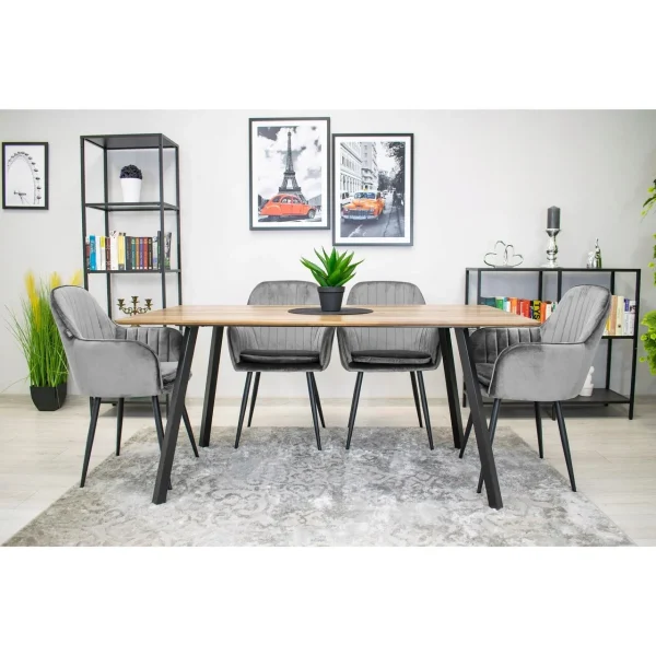 Scaun stil fotoliu bucatarie/living, Artool, Lugo, catifea argintie, picioare metal negru, 57.5x56.5x86.5 cm