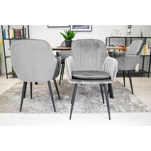 Scaun stil fotoliu bucatarie/living, Artool, Lugo, catifea argintie, picioare metal negru, 57.5x56.5x86.5 cm