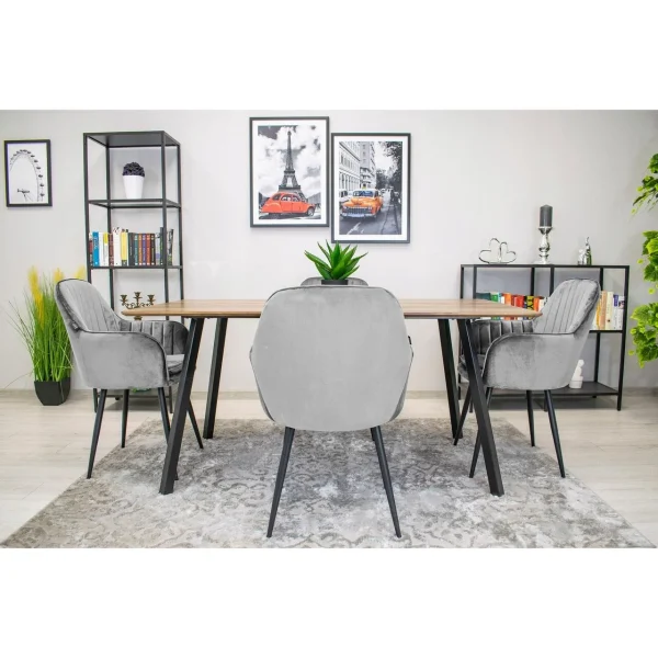 Scaun stil fotoliu bucatarie/living, Artool, Lugo, catifea argintie, picioare metal negru, 57.5x56.5x86.5 cm